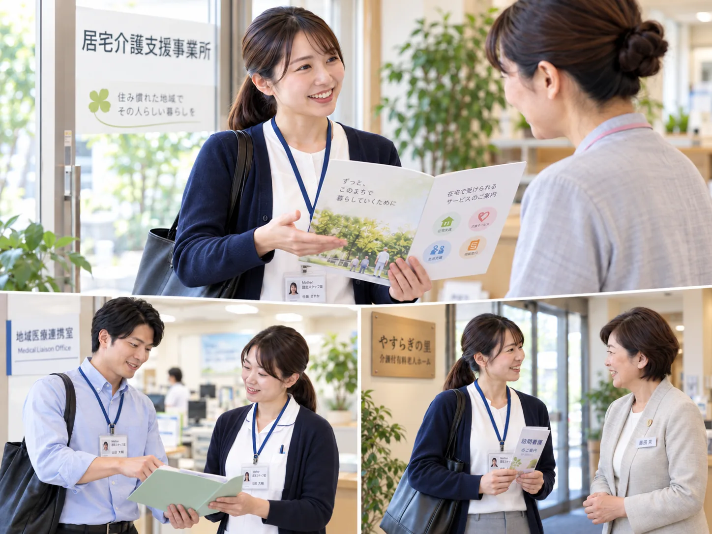 居宅介護支援事業所や地域医療連携室でMotherの案内資料を手に対話するスタッフ